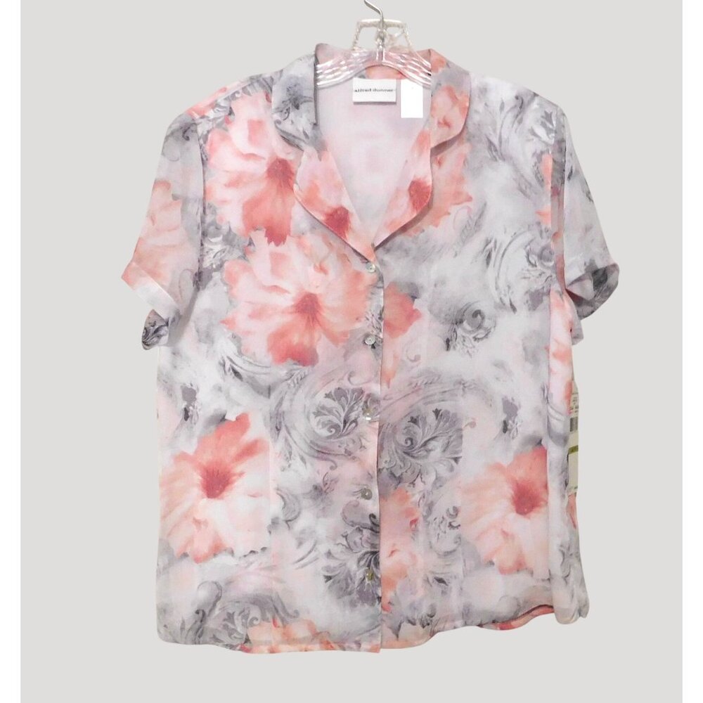 Alfred Dunner Womens Blouse Size 14 Pink Gray White Floral Short Sleeve Button - Picture 5 of 7